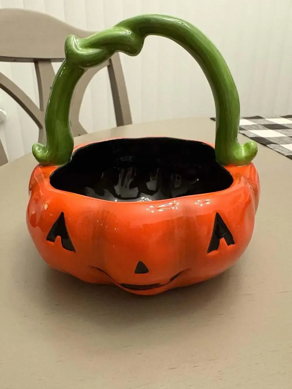 Ceramic Jack-O-Lantern Candy Bowl Basket with Twisted Branch Handle